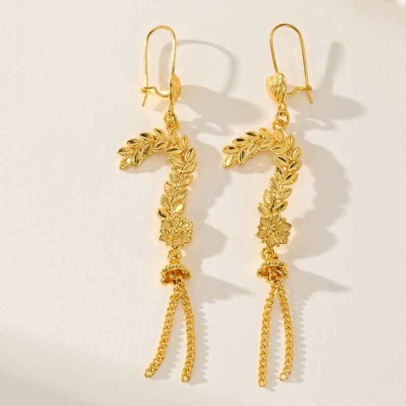 Middle Eastern High-end Gold Plated Copper Wheat Ear Tassel Earrings for Women, Summer Light Luxury Niche Design, Ele...