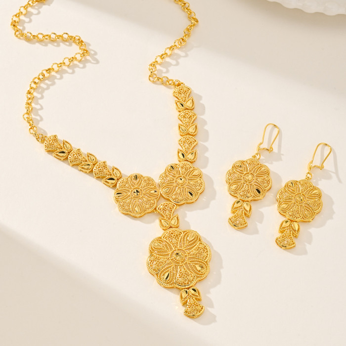 24K Gold Plated Copper Necklace and Earrings Two-piece Set, Indian Dubai Jewelry, Water Drop-shaped Sand Gold Jewelry...
