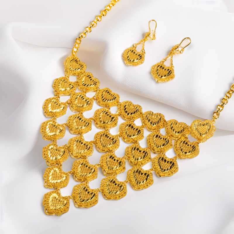 Dubai 24K Gold Jewelry African Nigerian Bridal Heart-Shaped Jewelry Set Heart-Shaped Necklace and Earrings Two-Piece Set