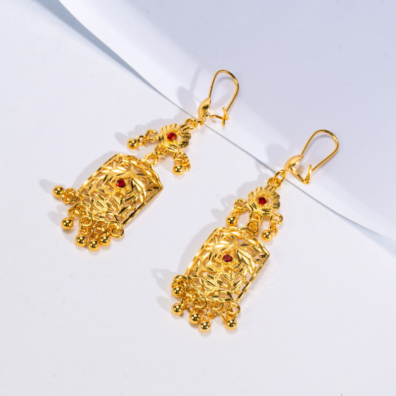 Middle Eastern Dubai Earrings, Gold Plated Copper, Long Tassel Earrings, Exotic Style, Light Luxury, High-End, Intric...