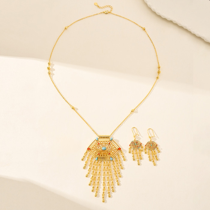 Middle East Best-Selling Vintage Ethnic Style 24K Gold Plated Copper Water Drop Tassel Necklace and Earrings Jewelry Set
