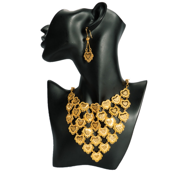 Dubai 24K Gold Jewelry African Nigerian Bridal Heart-Shaped Jewelry Set Heart-Shaped Necklace and Earrings Two-Piece Set
