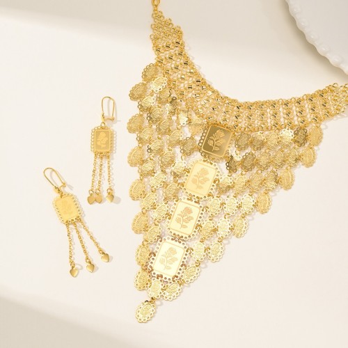 Middle Eastern Gold Plated Hollow Necklace and Earrings Jewelry Set with Laser Rose Pattern Bridal Wedding Jewelry Set