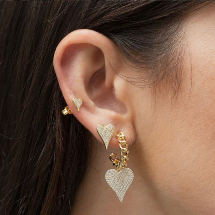 New Trendy Long Heart-shaped Earrings in 18K Gold with Zirconia Inlay, Fully Stone-Set Heart-shaped Earrings, Unique Jew...
