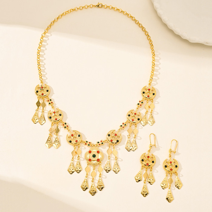 New Gold Plated Copper Arabic Star and Moon Necklace and Earrings Set Ethnic Style Women's Jewelry Light Luxury Acces...