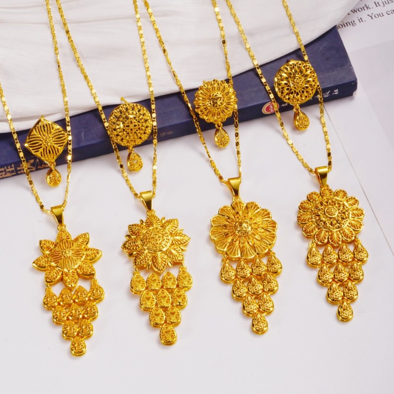 Huixing's Best-selling Jewelry in Dubai: Gold Plated Copper Hollow-out Jewelry Set for Middle Eastern Women, Includin...