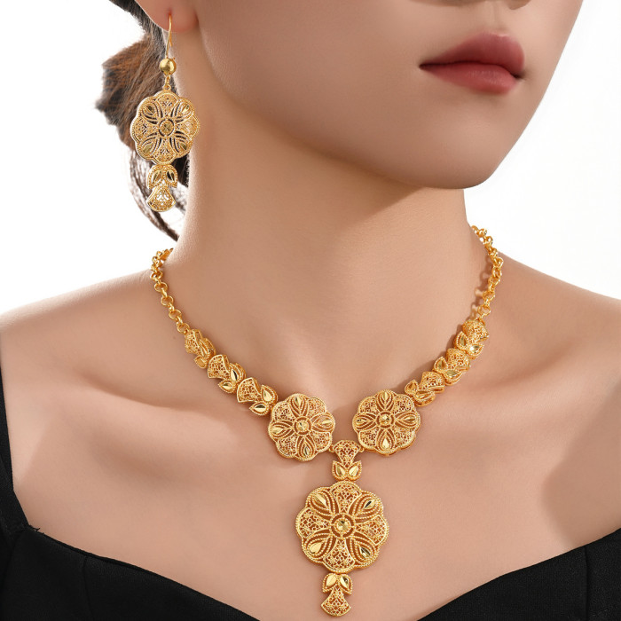24K Gold Plated Copper Necklace and Earrings Two-piece Set, Indian Dubai Jewelry, Water Drop-shaped Sand Gold Jewelry...