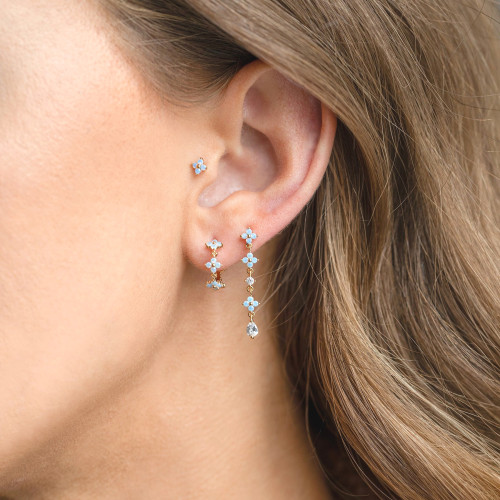 Ins-style Blue Floral Long Chain Pendant Earrings for Women, Copper Plated with 18K Real Gold, Korean Forest-style Ea...