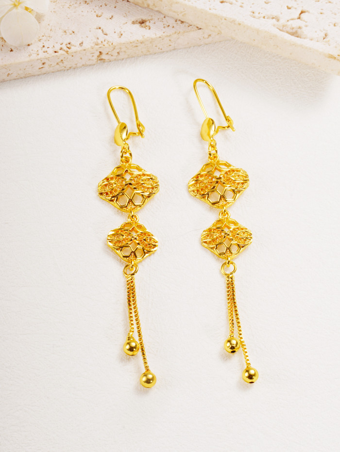 Imitation 24K Gold Plated Brass Long Tassel Earrings, Middle Eastern Dubai Jewelry, Bridal Earrings, Vietnamese Gold...