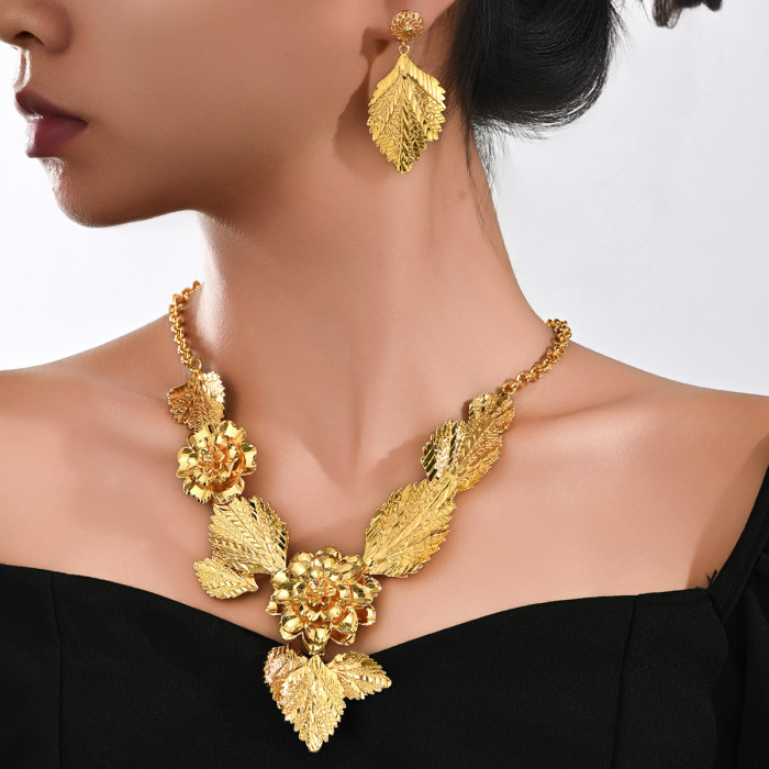 Vietnam Sand Gold Flower Tassel Long Necklace and Earrings Jewelry Set, 24K Gold Plated Copper