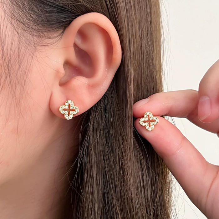 New Lucky Hollow Four-leaf Clover Screw Thread Fully Stone-Set Stud Earrings for Women, Simple Screw Earbone Stud Jewelry