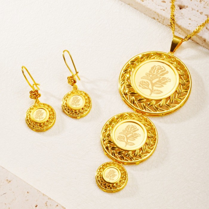 Middle Eastern Saudi Rose Pattern Round Pendant High-end 24K Gold Jewelry Set Bridal Necklace and Earrings