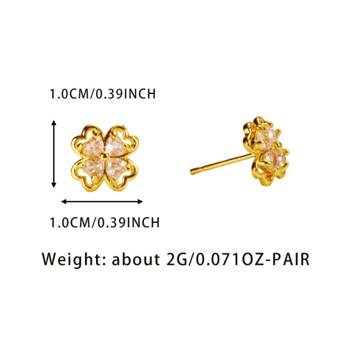 Earrings for Women, Fully Stone-Set Four-leaf Clover Studs, Korean and Japanese Fashion Sweet Earrings, Light Luxury, Co...