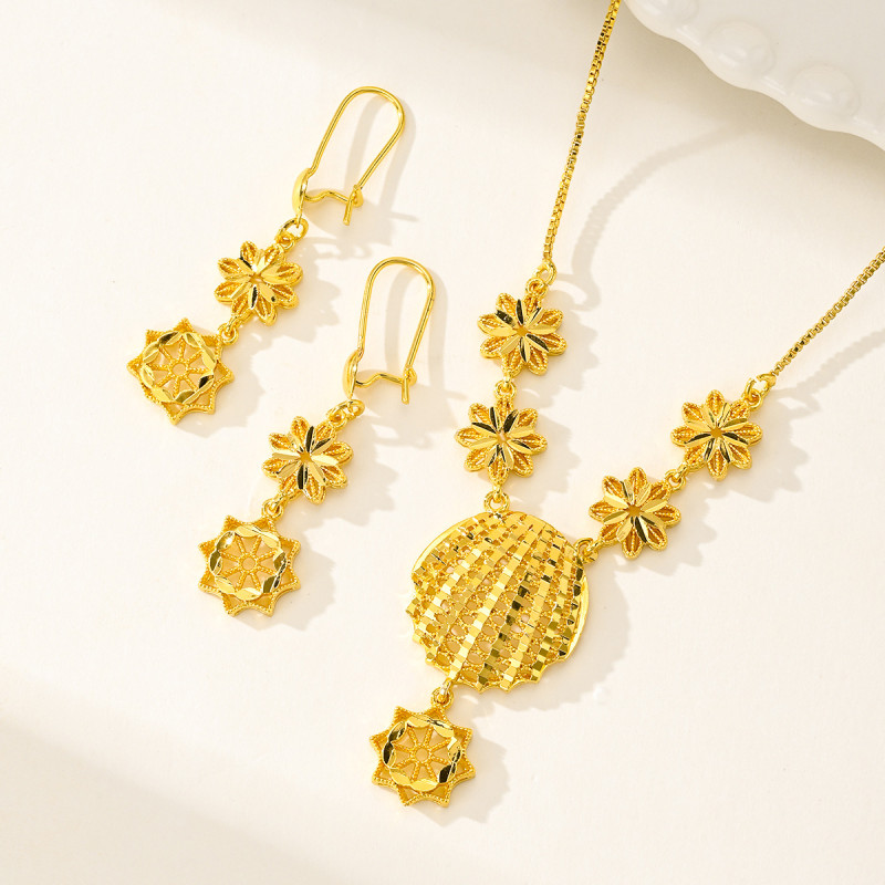 Saudi Arabia Copper Plated 24K Gold Jewelry Set for Women, Bridal Wedding Necklace and Earrings Two-piece Set, 24K Go...