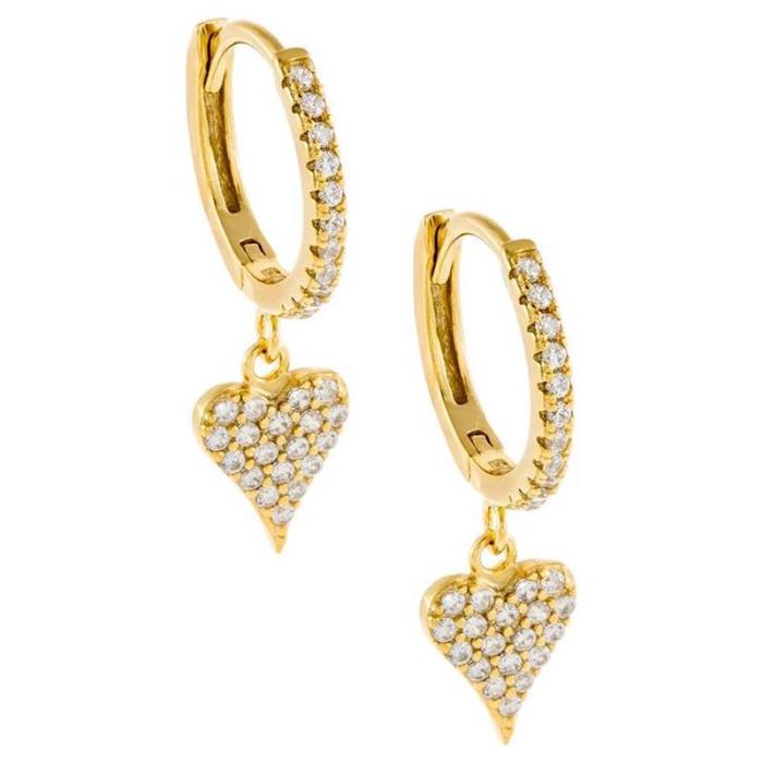 New Trendy Long Heart-shaped Earrings in 18K Gold with Zirconia Inlay, Fully Stone-Set Heart-shaped Earrings, Unique Jew...