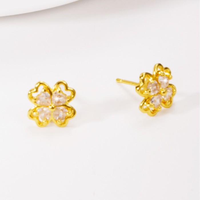 Earrings for Women, Fully Stone-Set Four-leaf Clover Studs, Korean and Japanese Fashion Sweet Earrings, Light Luxury, Co...