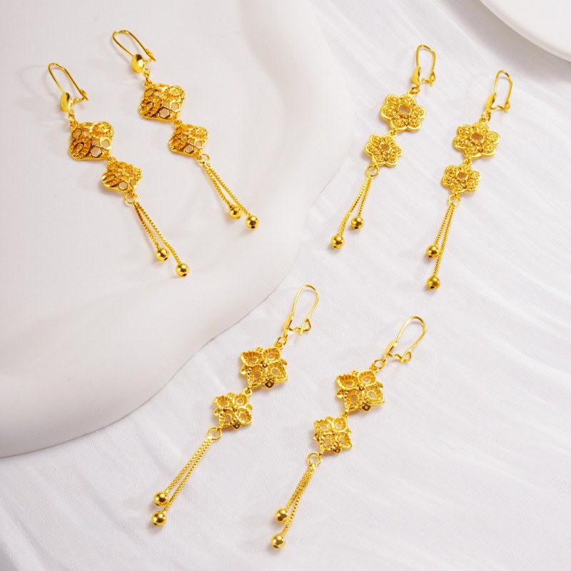 Imitation 24K Gold Plated Brass Long Tassel Earrings, Middle Eastern Dubai Jewelry, Bridal Earrings, Vietnamese Gold...
