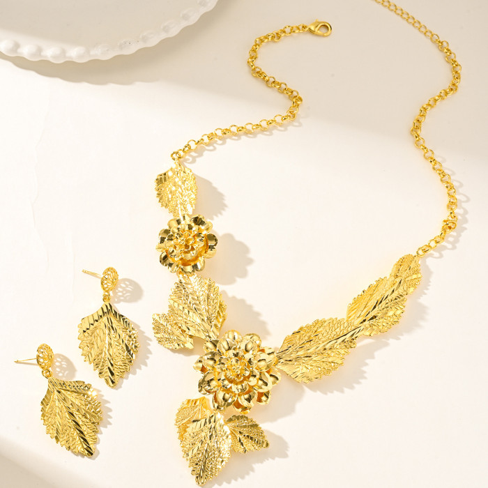 Vietnam Sand Gold Flower Tassel Long Necklace and Earrings Jewelry Set, 24K Gold Plated Copper