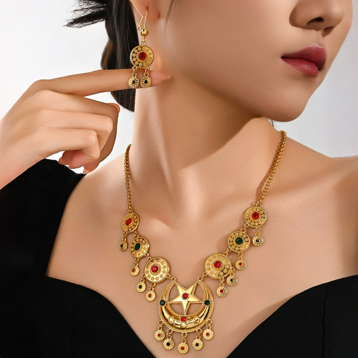 New Gold Plated Copper Arabic Star and Moon Necklace and Earrings Set Ethnic Style Women's Jewelry Light Luxury Acces...
