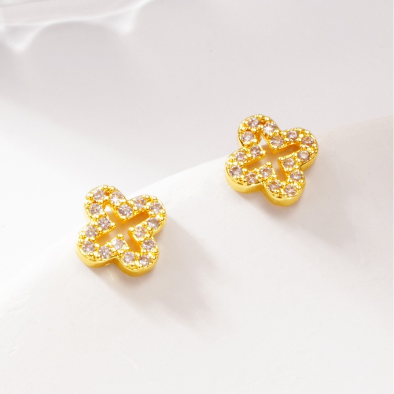 New Lucky Hollow Four-leaf Clover Screw Thread Fully Stone-Set Stud Earrings for Women, Simple Screw Earbone Stud Jewelry