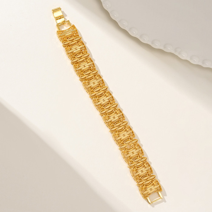 Bohemian Leaf Pattern Bracelet, 24K Gold Plated Copper, Exquisite and Fashionable Arabic Bangle