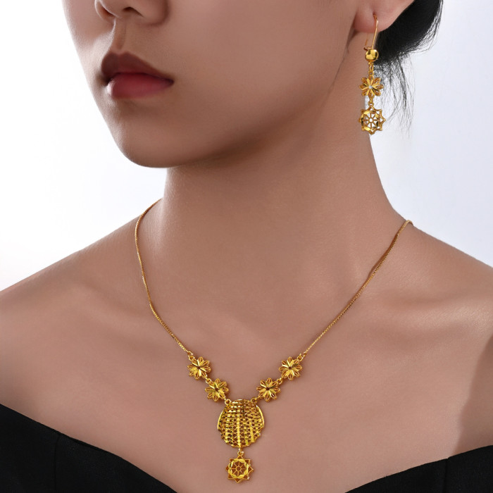 Saudi Arabia Copper Plated 24K Gold Jewelry Set for Women, Bridal Wedding Necklace and Earrings Two-piece Set, 24K Go...