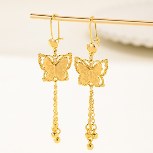 24K Gold Plated Copper Long Butterfly Tassel Bell Earrings, Vintage Ethnic Style High-End Earrings