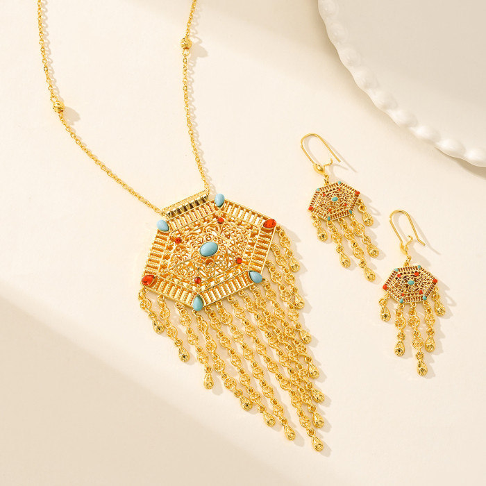 Middle East Best-Selling Vintage Ethnic Style 24K Gold Plated Copper Water Drop Tassel Necklace and Earrings Jewelry Set