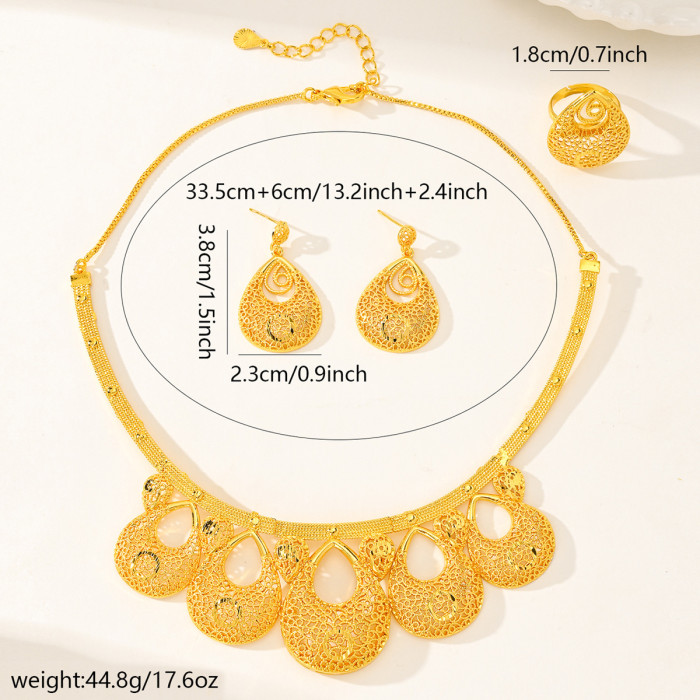 Dubai Floral Hollow Necklace Earrings Ring Set