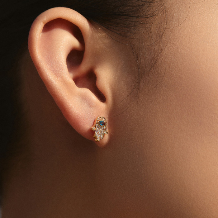 Cross-border Fatima hand design vintage earrings, devil's eye blue cubic zirconia stud earrings, copper plated with 24K real gold