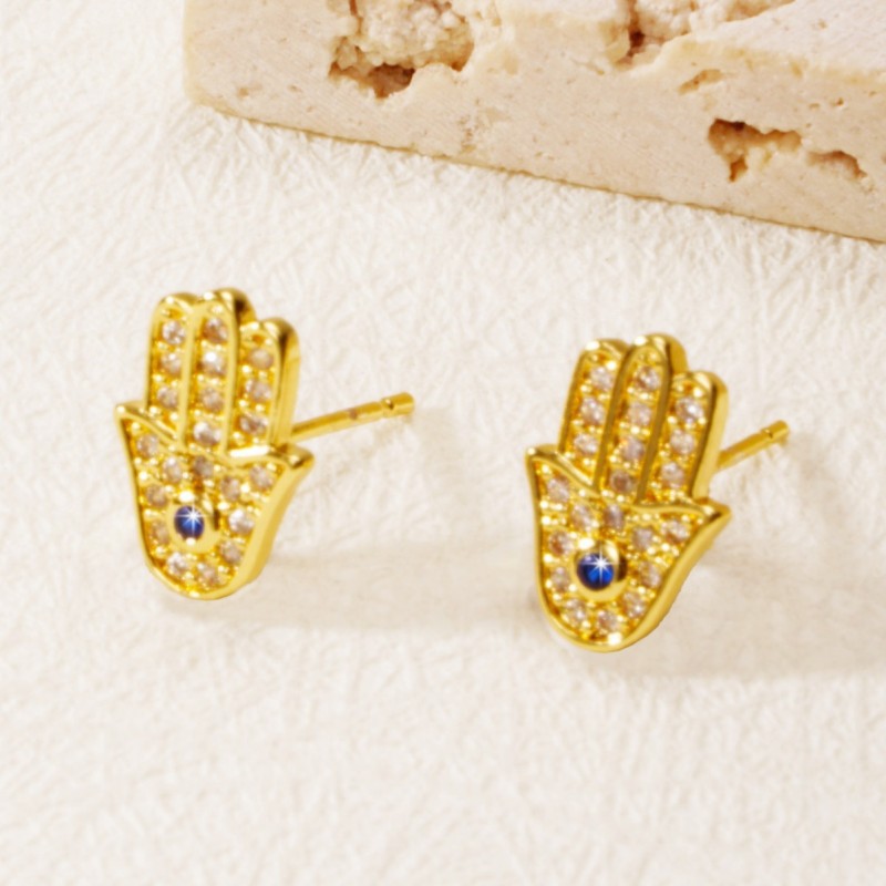 Cross-border Fatima hand design vintage earrings, devil's eye blue cubic zirconia stud earrings, copper plated with 24K real gold