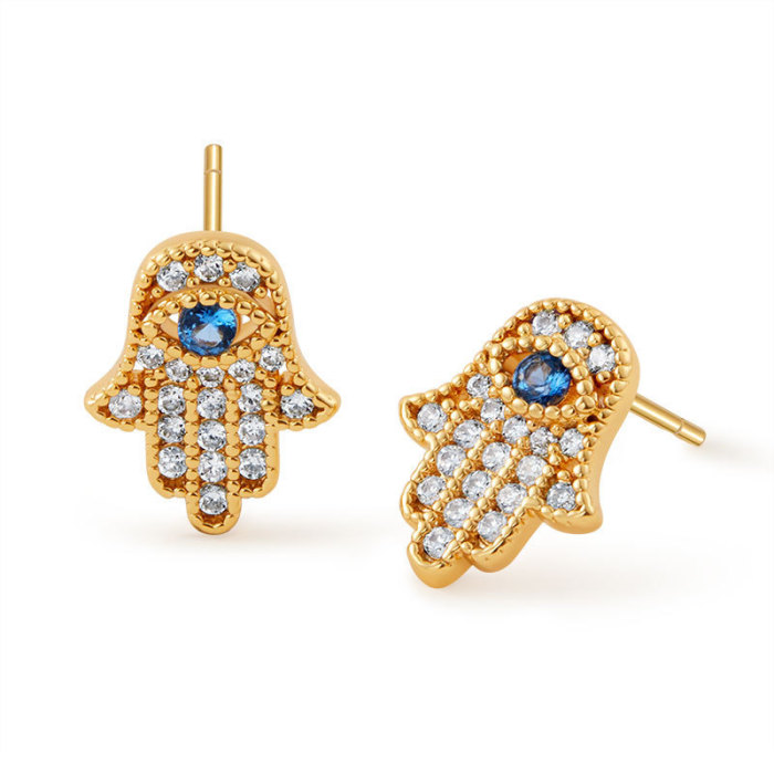 Cross-border Fatima hand design vintage earrings, devil's eye blue cubic zirconia stud earrings, copper plated with 24K real gold