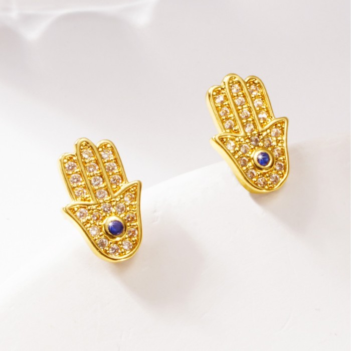 Cross-border Fatima hand design vintage earrings, devil's eye blue cubic zirconia stud earrings, copper plated with 24K real gold