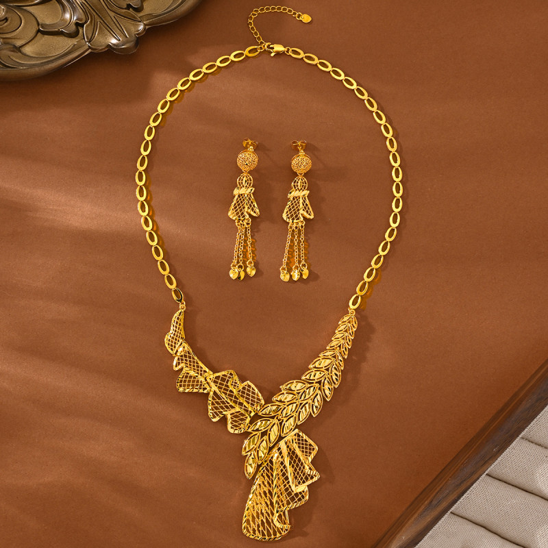 Cross-border 24k gold-plated flower copper necklace and earring jewelry set, Indian and African wedding jewelry, ethnic-style accessories