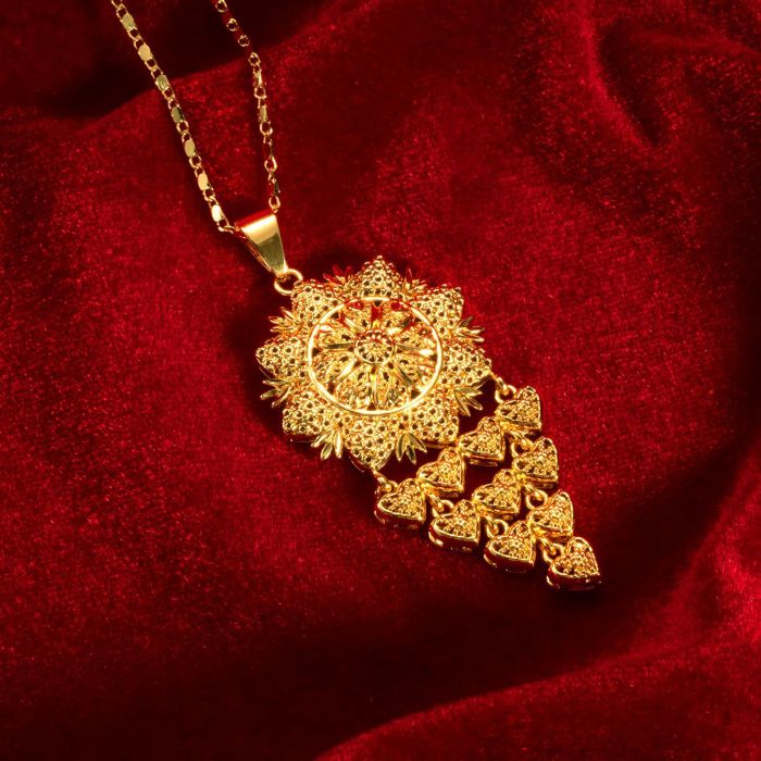 Huixing Dubai Bridal 24k Gold-Plated Copper Necklace and Earring Floral Jewelry Set, African Women's Jewelry Two-Piece Set