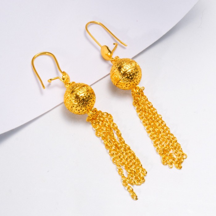 Middle Eastern bridal earrings, copper plated with 24K gold, Vietnamese gold-plated long tassel earrings, imitation gold round bead tassel earrings, wholesale