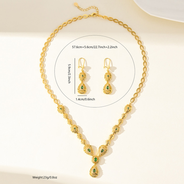 Huixing Cross-Border Water Drop Jewelry Set, Middle Eastern Dubai Bridal Jewelry Set, Gold Hollow Earrings and Necklace, Bestselling Jewelry