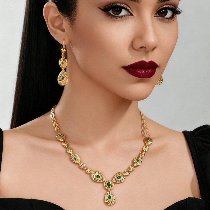 Huixing Cross-Border Water Drop Jewelry Set, Middle Eastern Dubai Bridal Jewelry Set, Gold Hollow Earrings and Necklace, Bestselling Jewelry