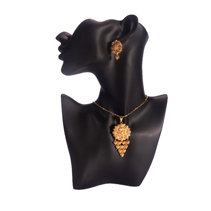 Huixing Dubai Bridal 24k Gold-Plated Copper Necklace and Earring Floral Jewelry Set, African Women's Jewelry Two-Piece Set