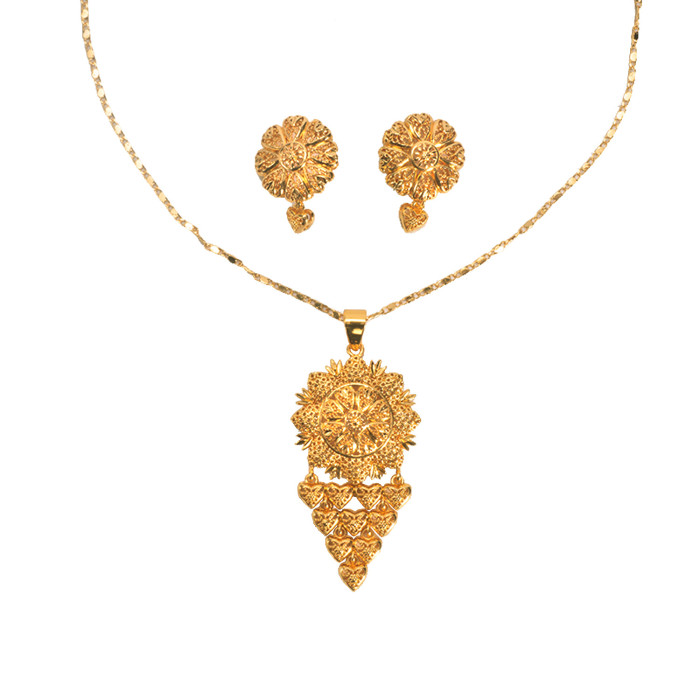 Huixing Dubai Bridal 24k Gold-Plated Copper Necklace and Earring Floral Jewelry Set, African Women's Jewelry Two-Piece Set