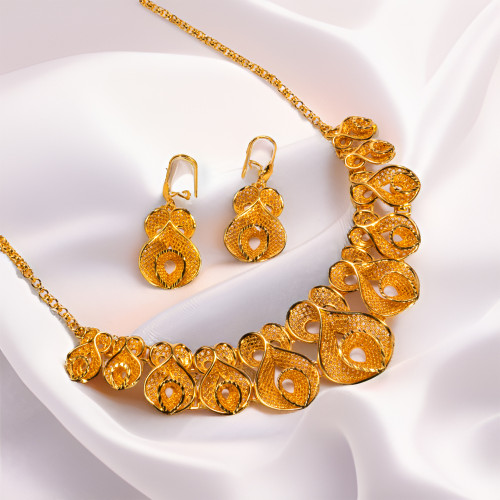 Imitation Gold Flower Necklace Earrings Set Dubai Indian Nigerian Brass Gold Plated Women Wedding Jewelry