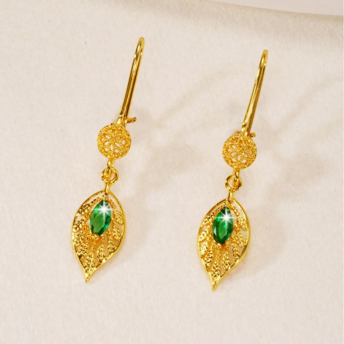 Leaf Emerald Green Earrings for Women, European Vintage Fashion Jewelry Wholesale