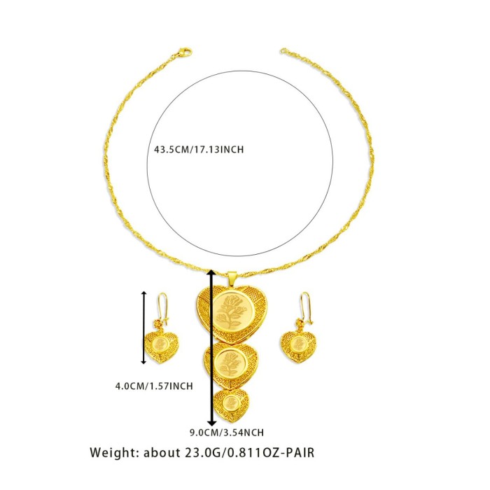Rose Pattern Heart Gold Plated Bridal Jewelry Set for Women, Saudi Middle East Premium Jewelry Wholesale