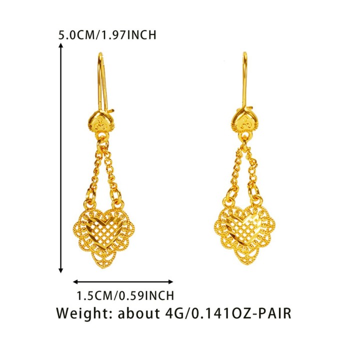 Tassel Heart Brass Gold Plated Bridal Earrings for Women, Dubai Vietnamese Luxury Fashion Jewelry Wholesale