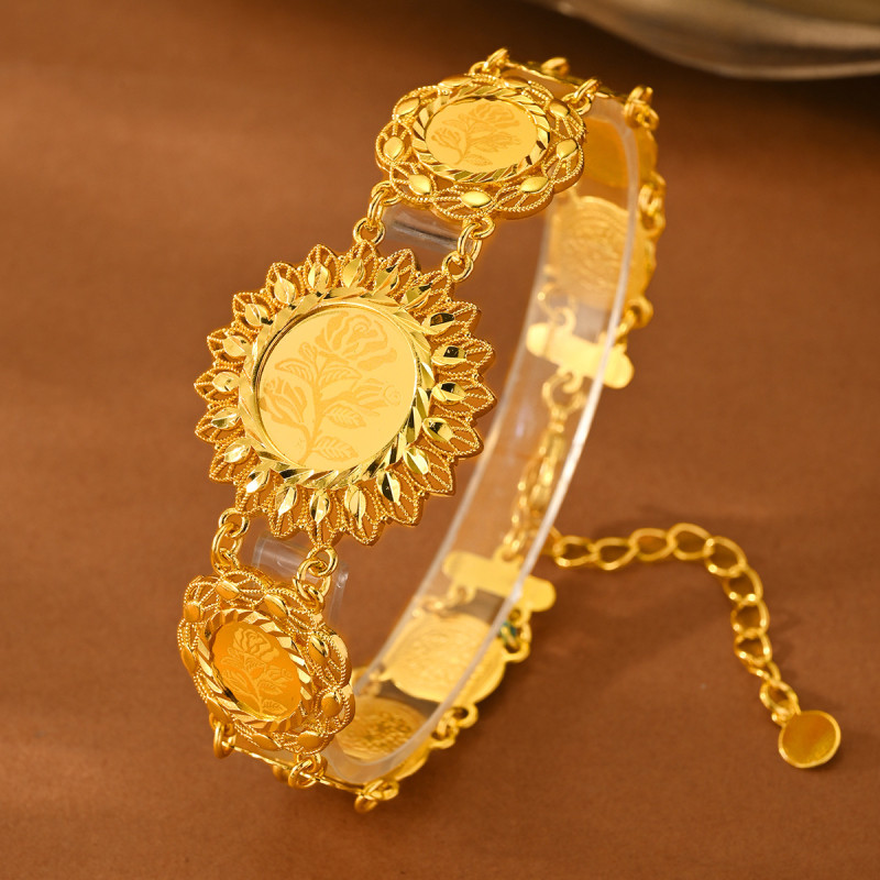 Rose Pattern Round Clasp Gold Plated Bracelet for Women, Middle East Luxury Jewelry Wholesale