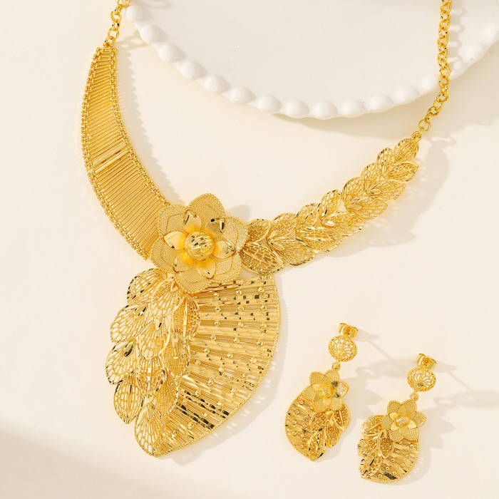 Flower Brass Gold Plated Bridal Jewelry Set for Women, Middle East Fashion Jewelry Wholesale