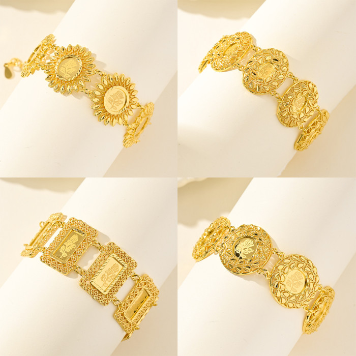 Rose Pattern Round Clasp Gold Plated Bracelet for Women, Luxury Jewelry Wholesale