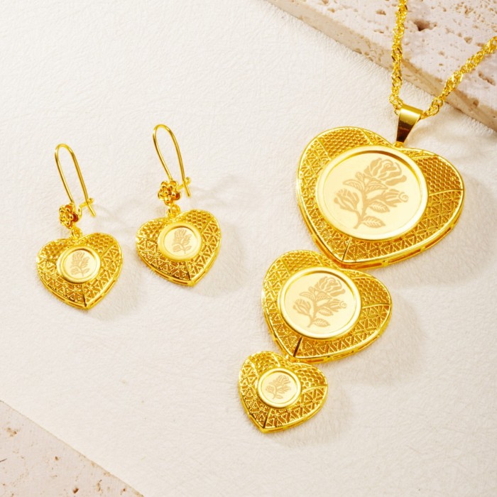Rose Pattern Heart Gold Plated Bridal Jewelry Set for Women, Saudi Middle East Premium Jewelry Wholesale