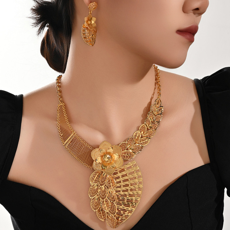 Flower Brass Gold Plated Bridal Jewelry Set for Women, Middle East Fashion Jewelry Wholesale