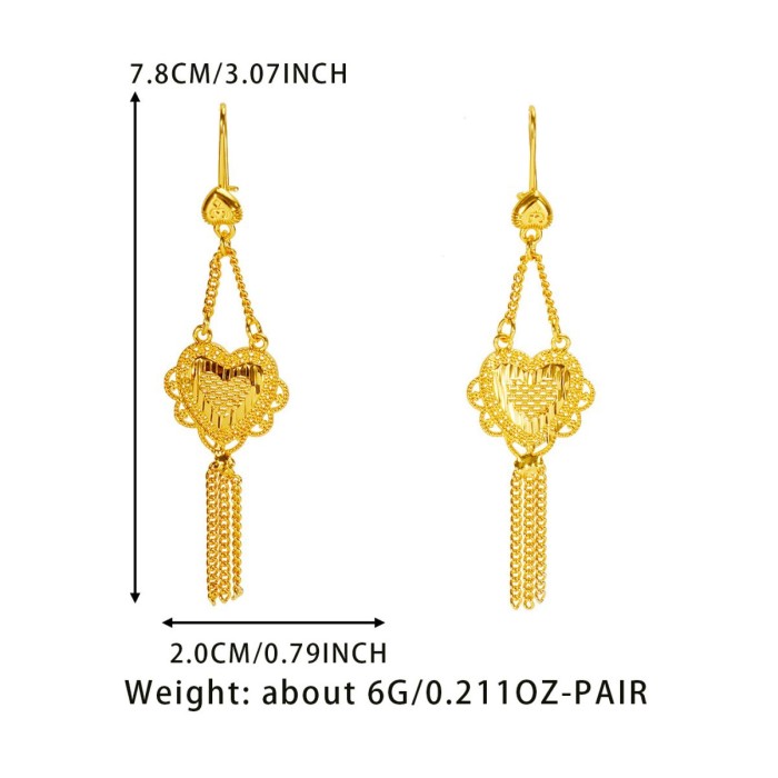 Tassel Heart Brass Gold Plated Bridal Earrings for Women, Dubai Vietnamese Luxury Fashion Jewelry Wholesale